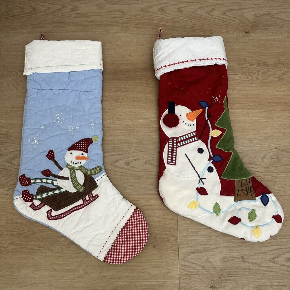 Set Of 2 Pottery Barn Kids Christmas Stocking Snowman, Sledding, Quilted Blank